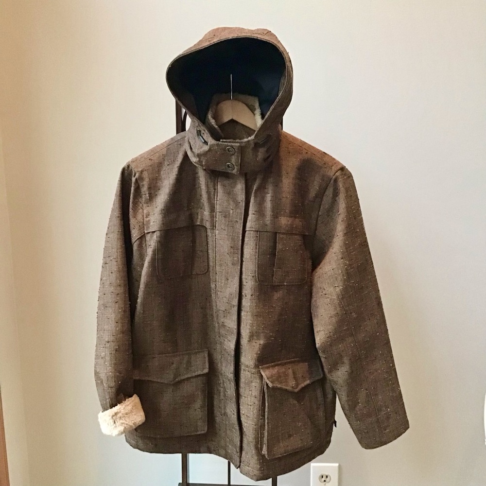 Woolrich Tweed Jacket Removable Hood Faux Fur Lined Snow‎ Ski Zip Snap 15075
